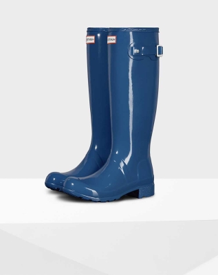 Hunter Original Tour Foldable Gloss Wellington Uzun Yağmur Çizmesi Kadın Mavi | 617984-WKP
